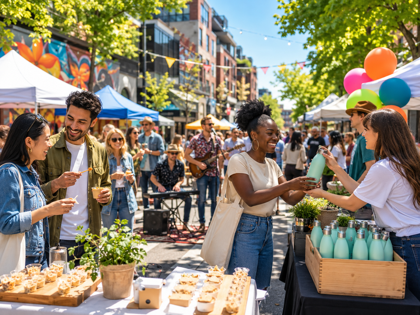 People discovering free samples at a street market