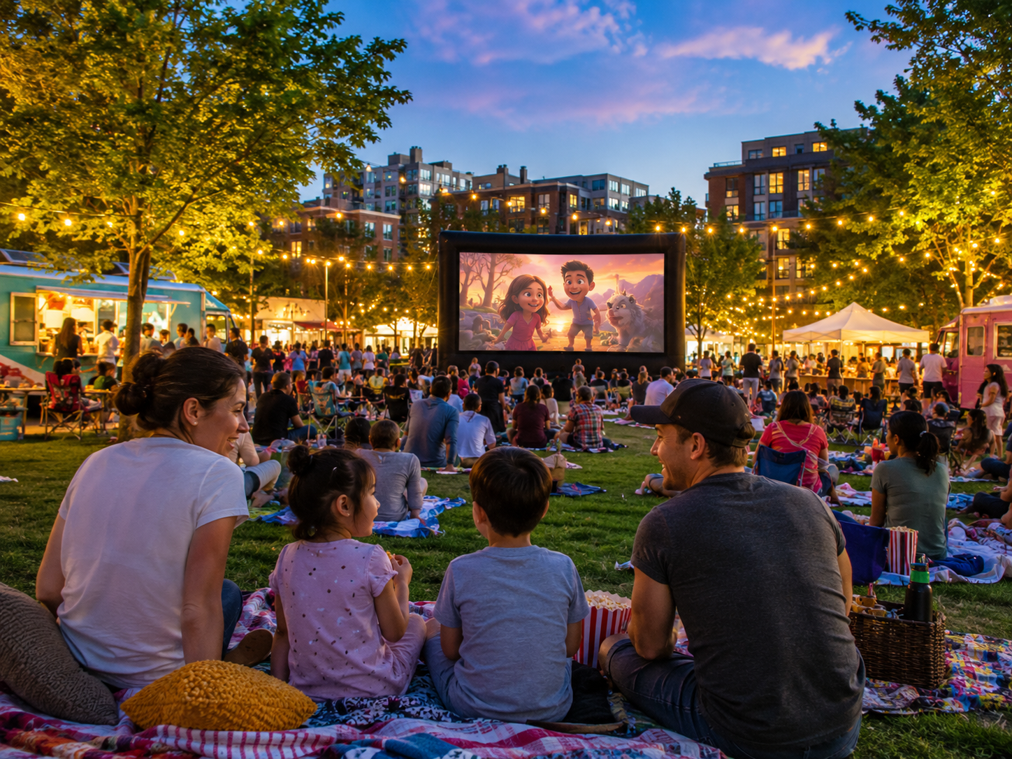 Families enjoying a free outdoor movie night