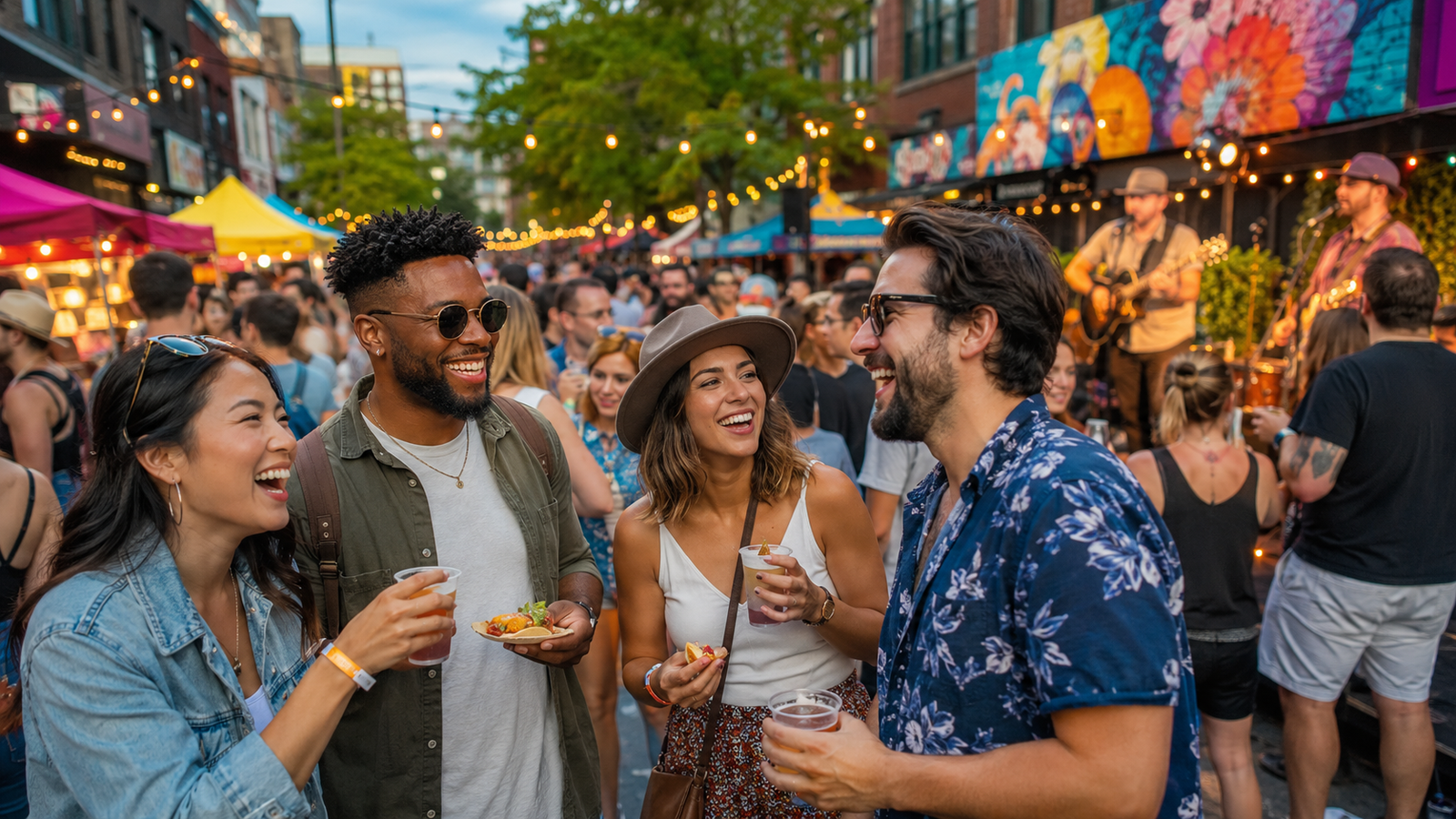 Friends enjoying a lively city festival